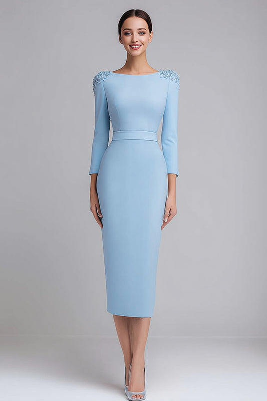 Simple Light Blue Pencil Boat Neck Midi Work Dress with Sleeves