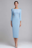 Simple Light Blue Pencil Boat Neck Midi Work Dress with Sleeves Simple Light Blue Pencil Boat Neck Midi Work Dress with Sleeves