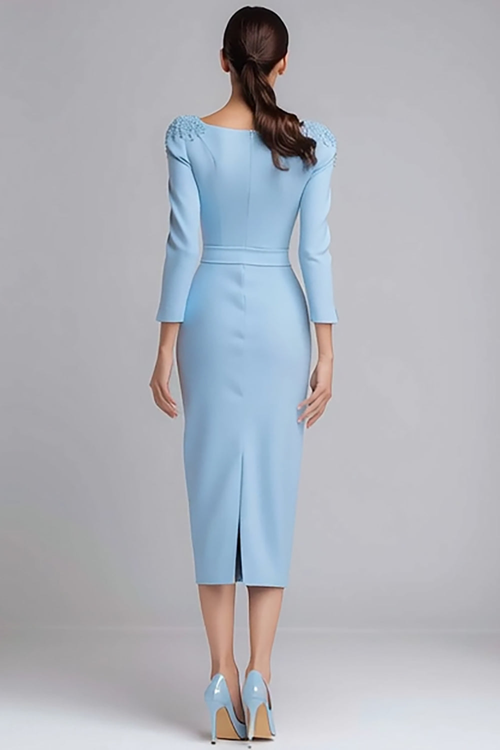 Simple Light Blue Pencil Boat Neck Midi Work Dress with Sleeves Simple Light Blue Pencil Boat Neck Midi Work Dress with Sleeves