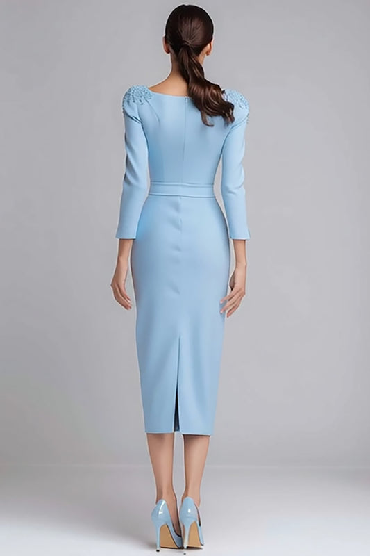 Simple Light Blue Pencil Boat Neck Midi Work Dress with Sleeves
