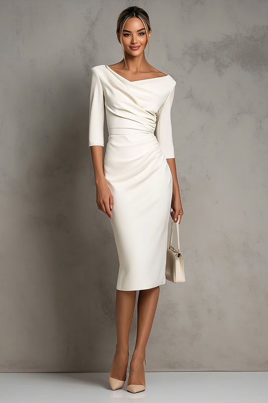 Simple Ivory Pencil Ruched Midi Work Dress with Slit