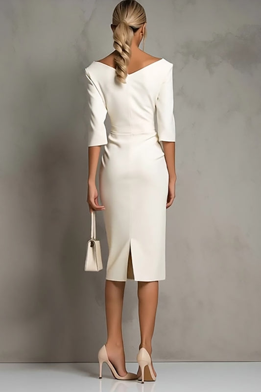 Simple Ivory Pencil Ruched Midi Work Dress with Slit
