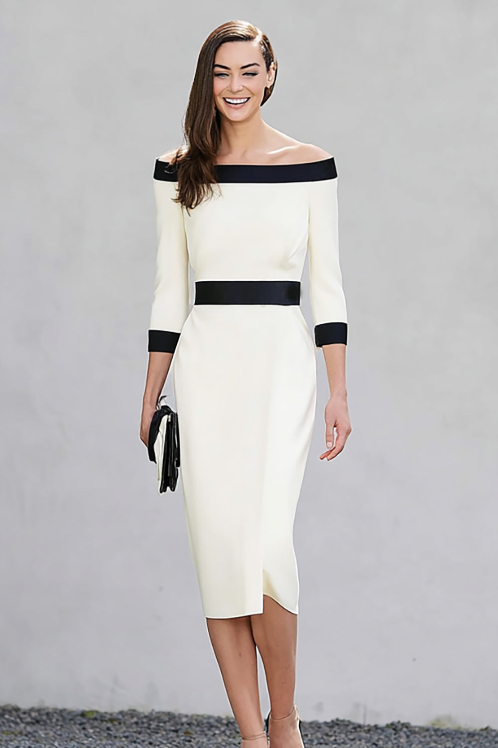 Black and White Off the Shoulder Pencil Midi Work Dress with Sleeves Black and White Off the Shoulder Pencil Midi Work Dress with Sleeves