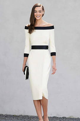 Black and White Off the Shoulder Pencil Midi Work Dress with Sleeves