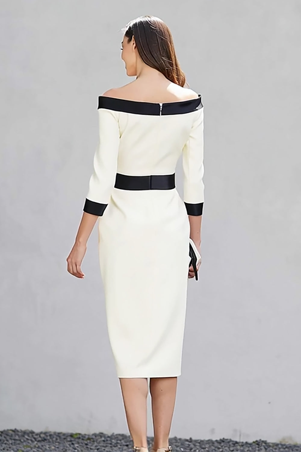 Black and White Off the Shoulder Pencil Midi Work Dress with Sleeves Black and White Off the Shoulder Pencil Midi Work Dress with Sleeves