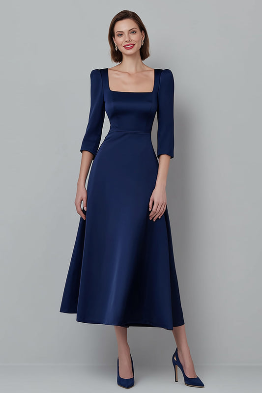 Navy Satin A Line Square Neck Long Work Dress with Sleeves