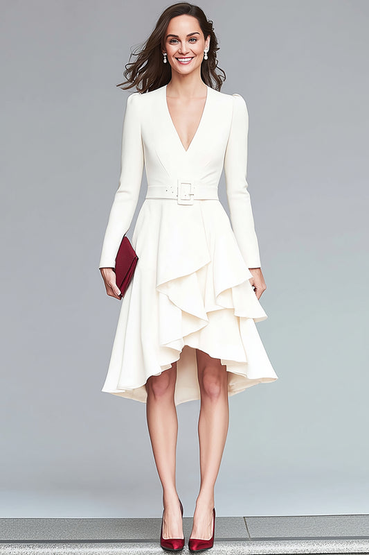 Ivory V-Neck A Line High-Low Ruffled Work Dress with Belts