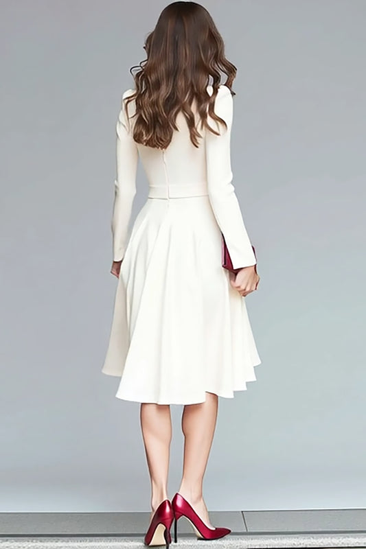 Ivory V-Neck A Line High-Low Ruffled Work Dress with Belts