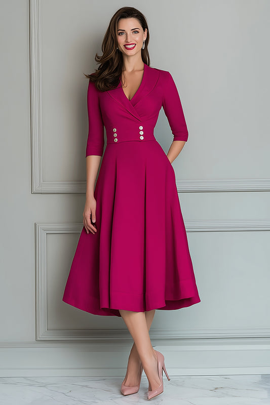 Fuchsia A Line V-Neck Midi Work Dress with Pockets