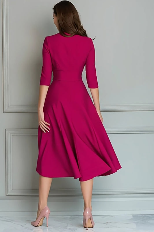 Fuchsia A Line V-Neck Midi Work Dress with Pockets