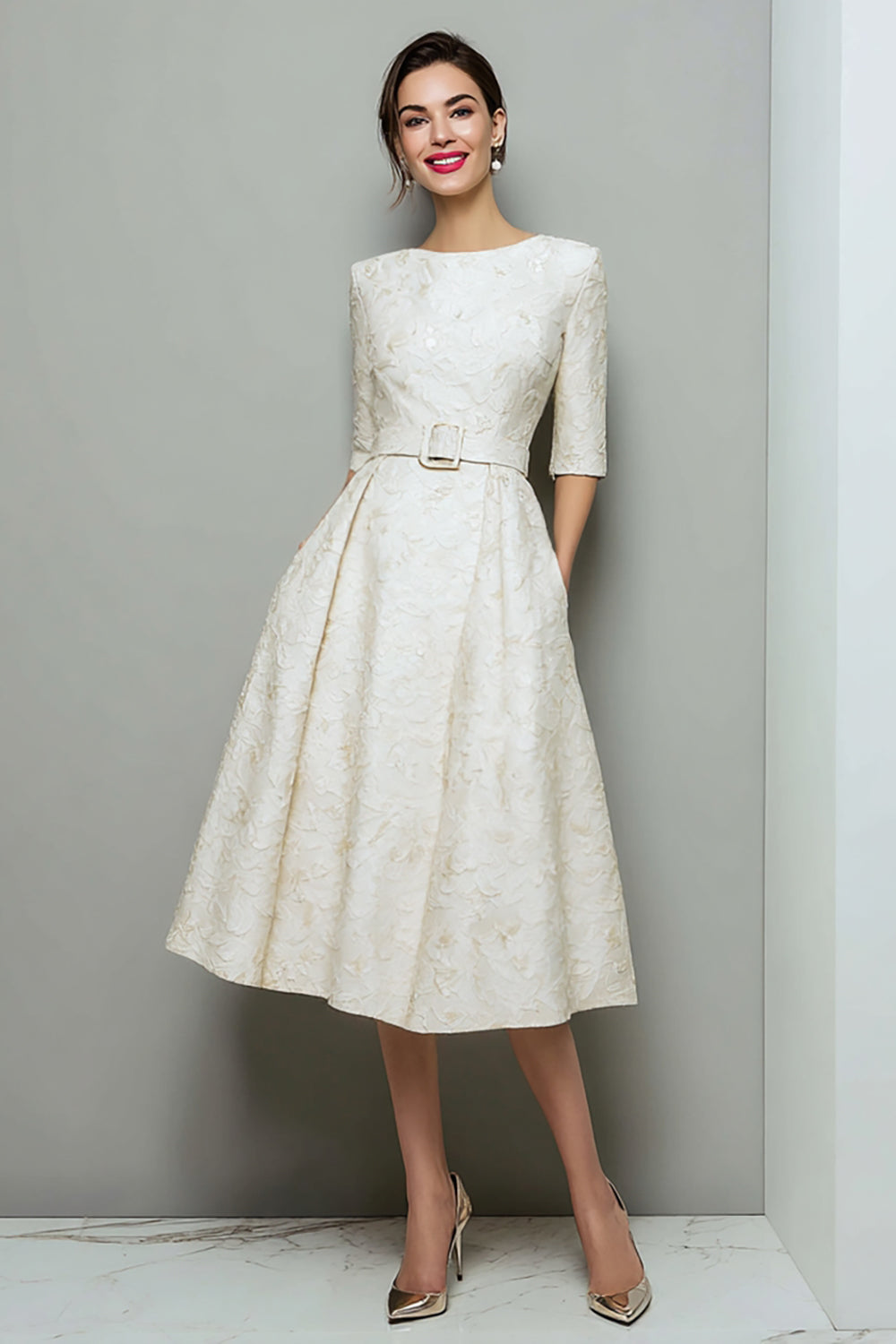 Zapakasa Women Ivory Jacquard Midi Work Dress with Pockets A Line Boat Neck Half Sleeves Business Dress with Belts Zapakasa Women Ivory Jacquard Midi Work Dress with Pockets A Line Boat Neck Half Sleeves Business Dress with Belts