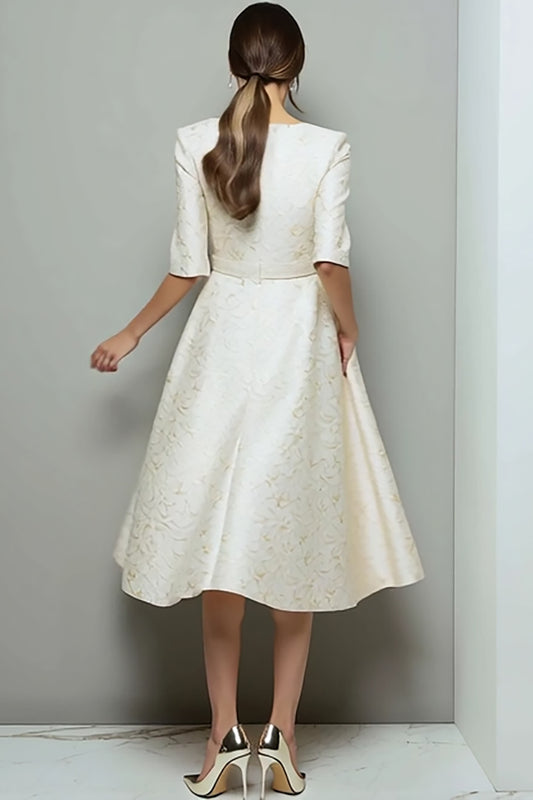 Ivory Jacquard A Line Midi Work Dress with Pockets