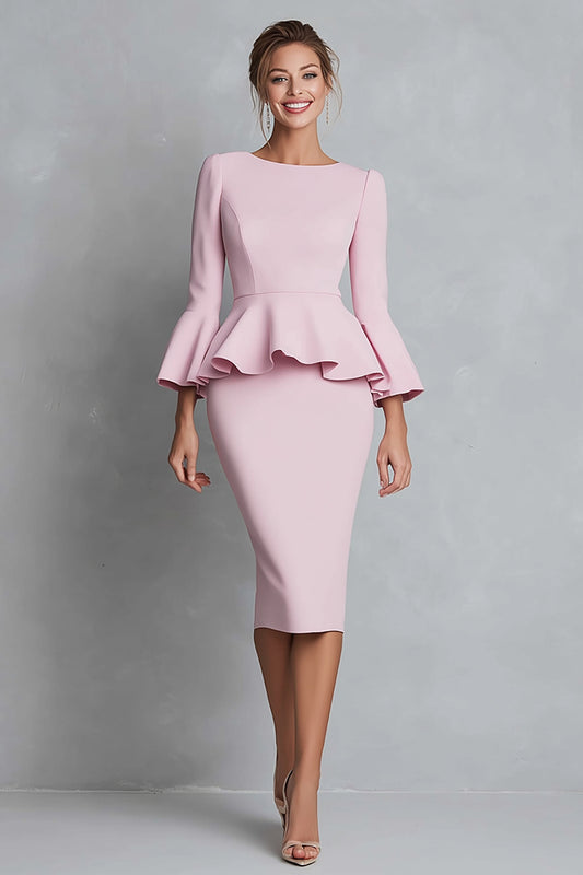 Pink Boat Neck Pencil Ruffled Midi Work Dress with Sleeves