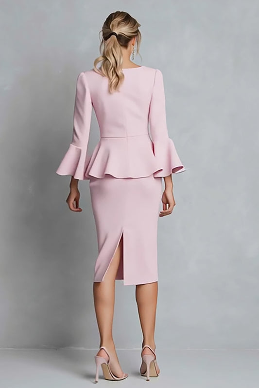 Pink Boat Neck Pencil Ruffled Midi Work Dress with Sleeves