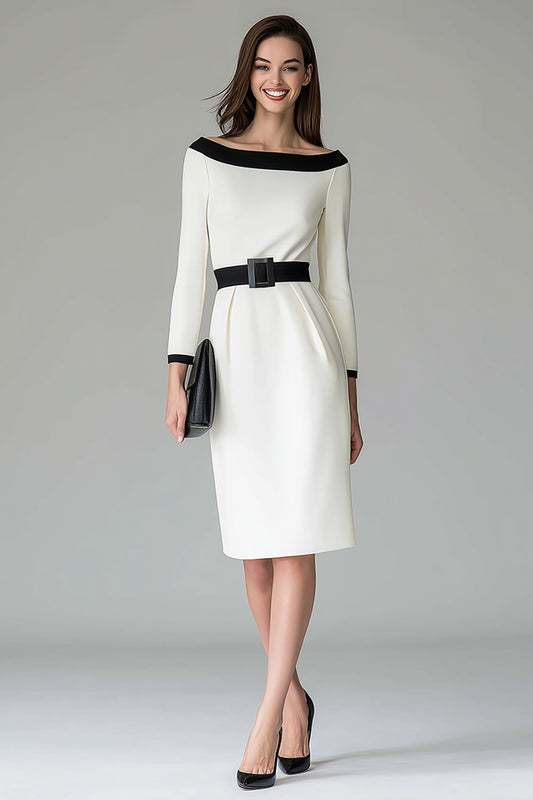 Black and White Pencil Midi Work Dress with Belts