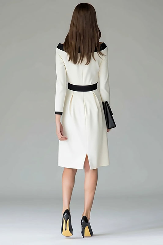 Black and White Pencil Midi Work Dress with Belts