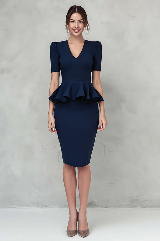 Navy Ruffled Pencil V-Neck Midi Work Dress with Sleeves