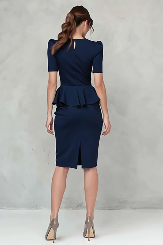 Navy Ruffled Pencil V-Neck Midi Work Dress with Sleeves
