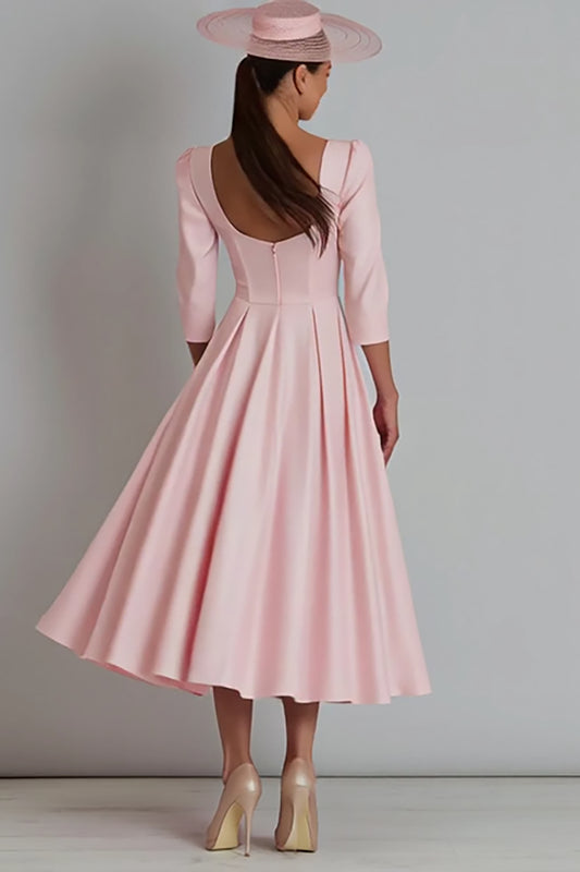 Pink Satin A Line Square Neck Long Work Dress with Sleeves