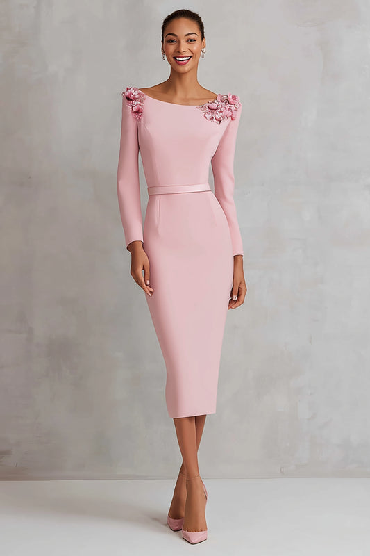 Pink Pencil Floral Boat Neck Midi Work Dress with Slit