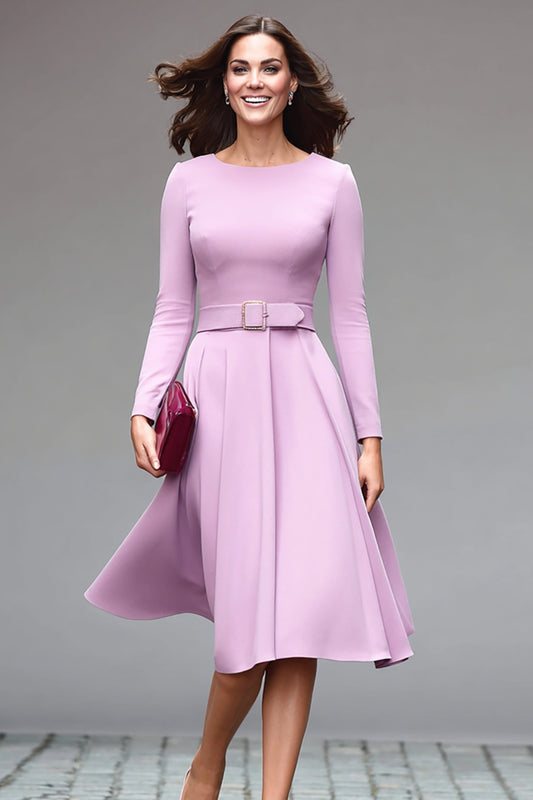Simple Lilac Round Neck A Line Midi Work Dress with Belts