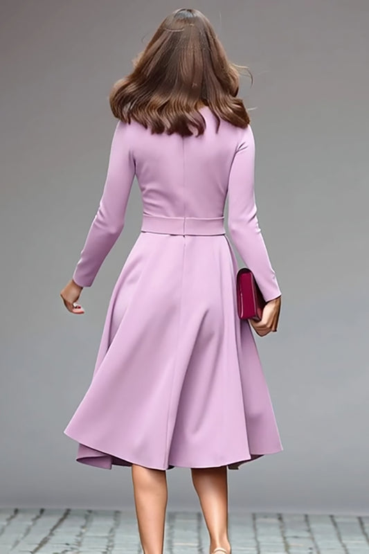 Simple Lilac Round Neck A Line Midi Work Dress with Belts