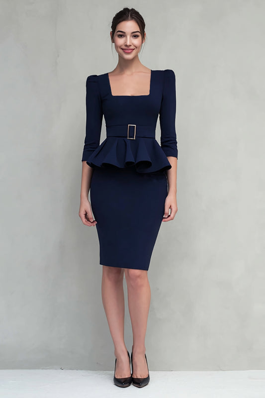 Navy Pencil Ruffled Square Neck Midi Work Dress with Belts