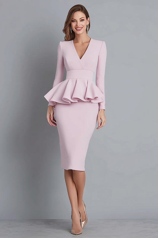 Pink Pencil Ruffled V-Neck Midi Work Dress with Sleeves