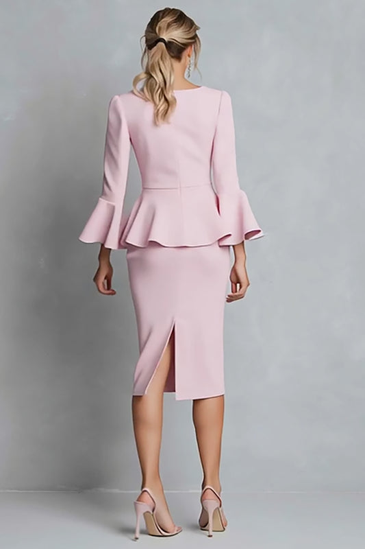 Pink Pencil Ruffled V-Neck Midi Work Dress with Sleeves