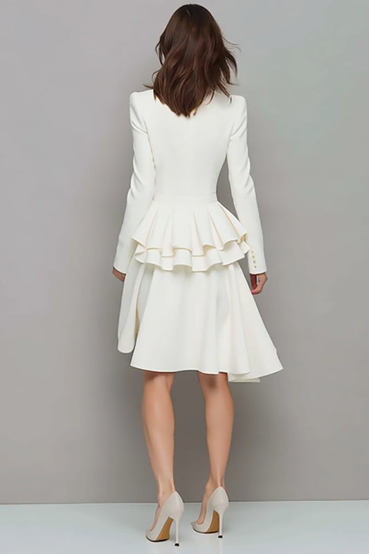 Ivory V-Neck Ruffled A Line Short Work Dress with Sleeves