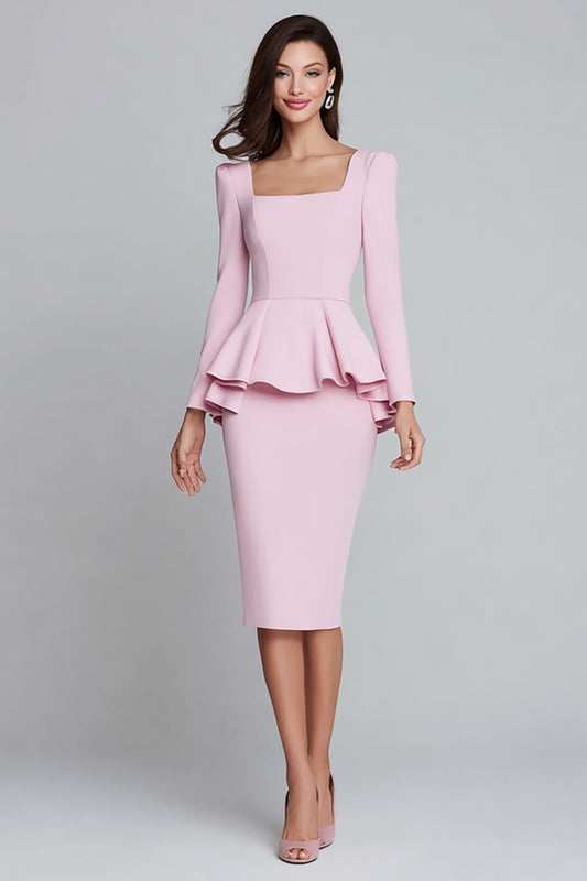 Pink Ruffled Pencil Square Neck Midi Work Dress with Sleeves