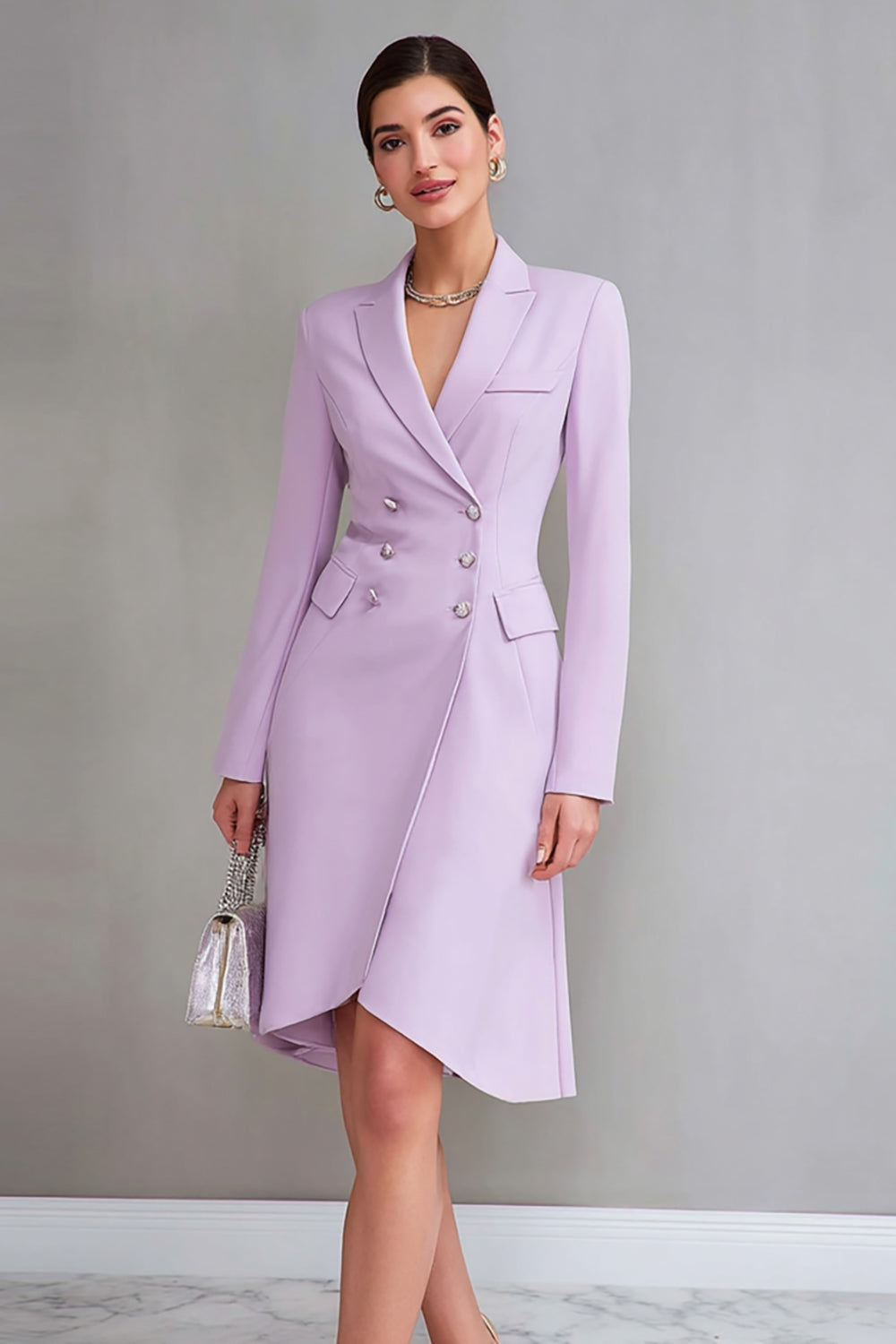 Zapakasa Women Lilac Satin Short Work Blazer Dress Notched Lapel Double Breasted Interview Dress with Sleeves Zapakasa Women Lilac Satin Short Work Blazer Dress Notched Lapel Double Breasted Interview Dress with Sleeves
