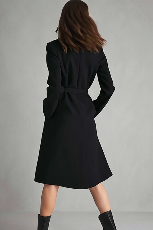 Black Notched Lapel Satin Midi Blazer Dress with Pockets