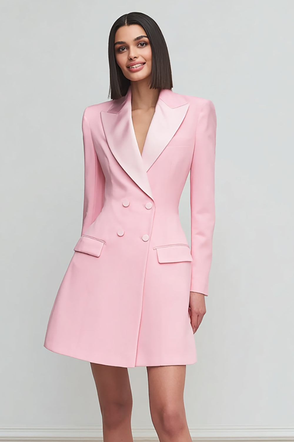 Zapakasa Women Pink Satin Peak Lapel Short Blazer Dress A Line Double Breasted Work Dress with Sleeves Zapakasa Women Pink Satin Peak Lapel Short Blazer Dress A Line Double Breasted Work Dress with Sleeves