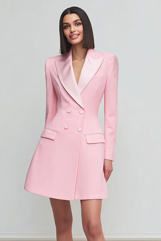 Pink Peak Lapel Satin Double Breasted Short Blazer Dress