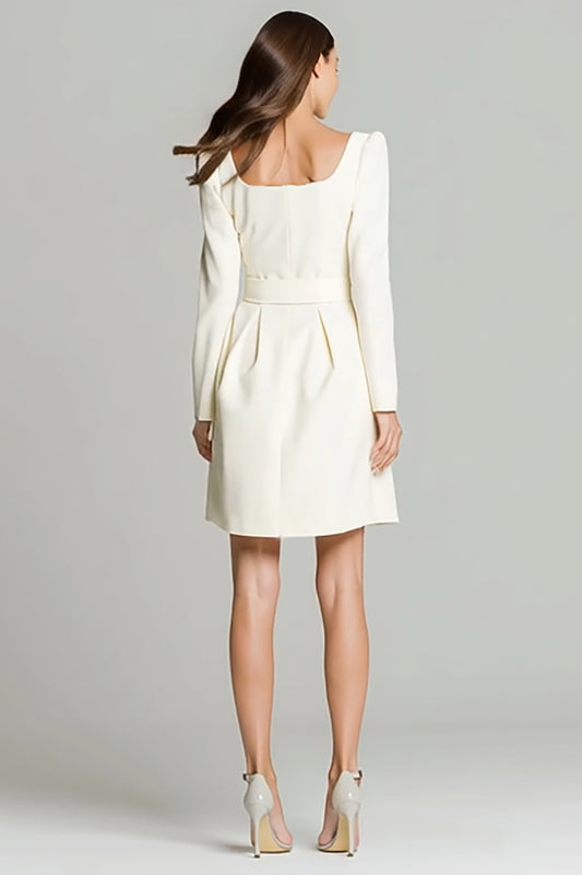 Ivory A Line Square Neck Short Work Dress with Belts