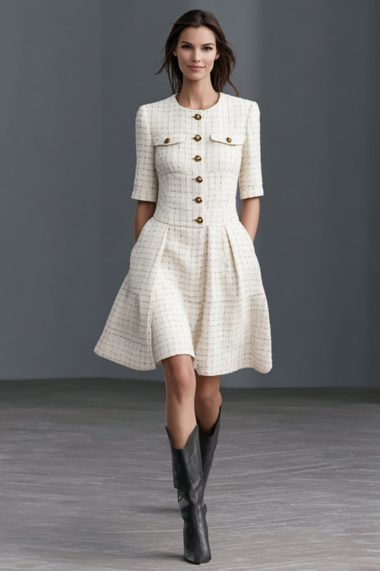 Ivory Round Neck Tweed A Line Short Work Dress with Pockets