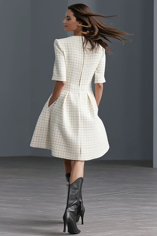 Ivory Round Neck Tweed A Line Short Work Dress with Pockets