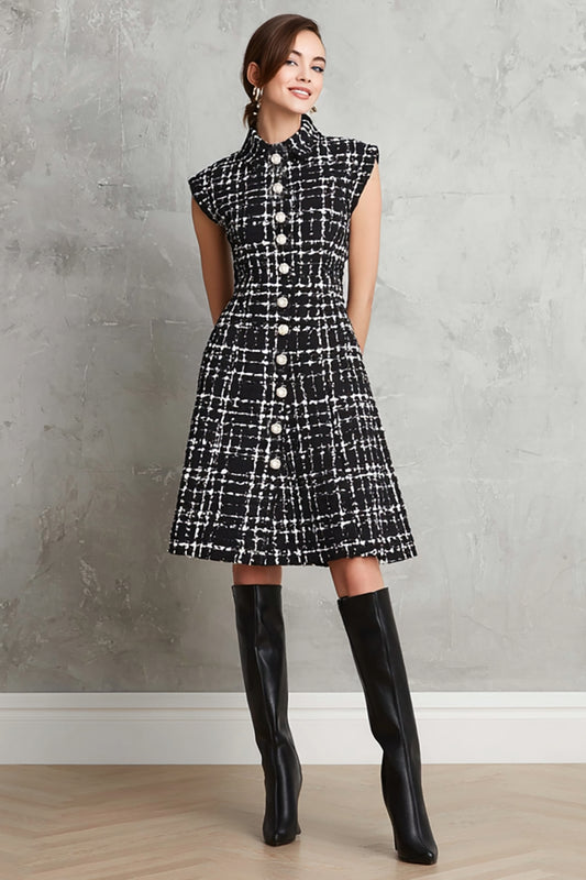 Black Single Breasted Tweed Plaid A Line Midi Interview Dress