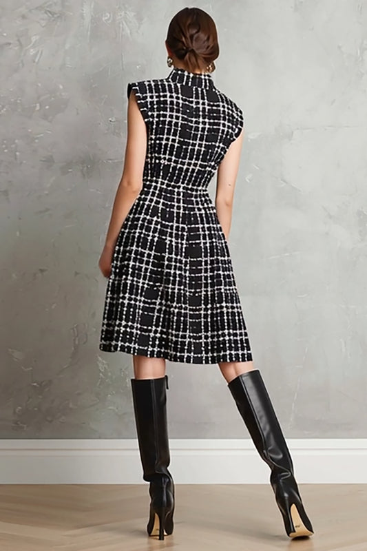 Black Single Breasted Tweed Plaid A Line Midi Interview Dress