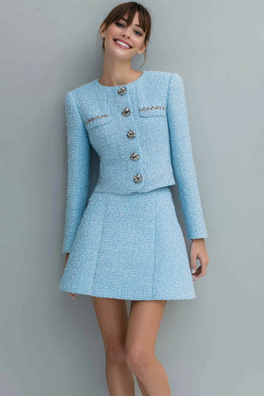 Light Blue Round Neck Tweed 2 Piece Short Homecoming Outfits