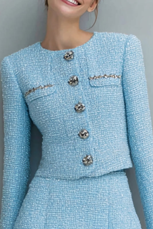 Light Blue Round Neck Tweed 2 Piece Short Homecoming Outfits