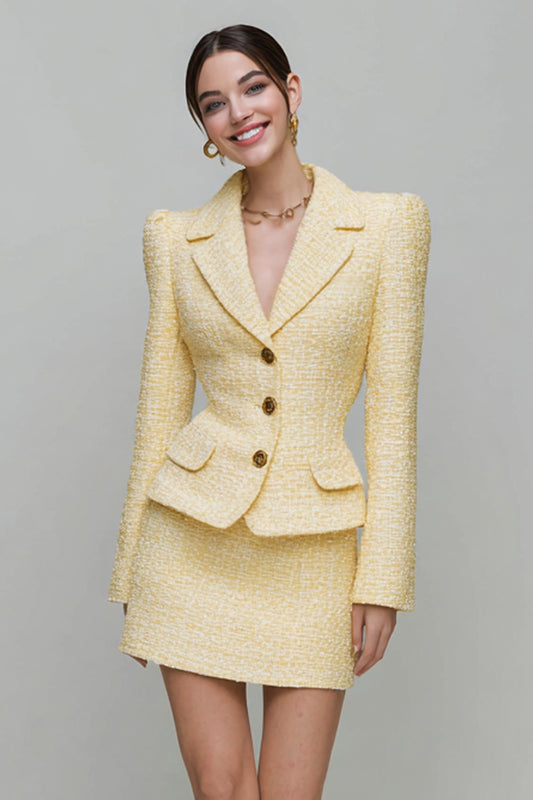 Light Yellow Notched Lapel 2 Piece Tweed Homecoming Outfits