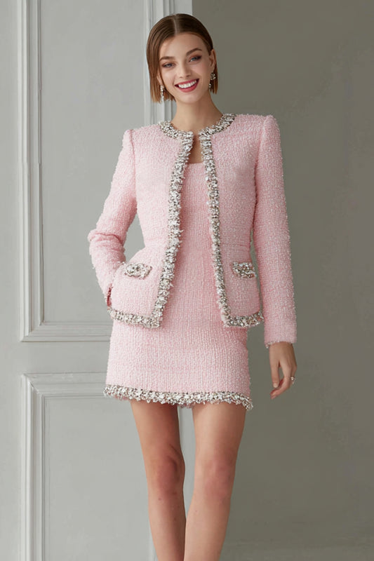 Sparkly Pink Tweed 2 Piece Pencil Short Homecoming Outfits with Pockets