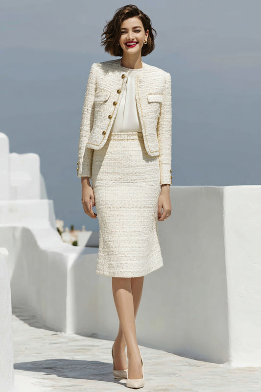 Ivory 2 Piece Single Breasted Pencil Midi Pageant Interview Outfits