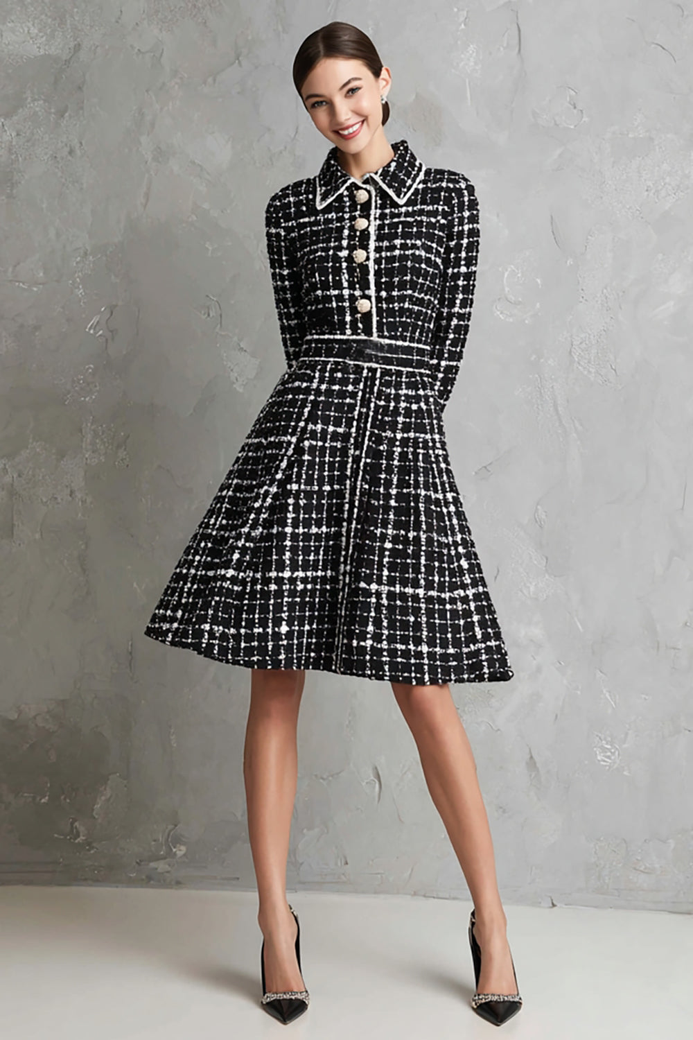 Zapakasa Women Black Tweed Short Work Dress with Sleeves Collar Neck A Line Single Breasted Interview Dress Zapakasa Women Black Tweed Short Work Dress with Sleeves Collar Neck A Line Single Breasted Interview Dress