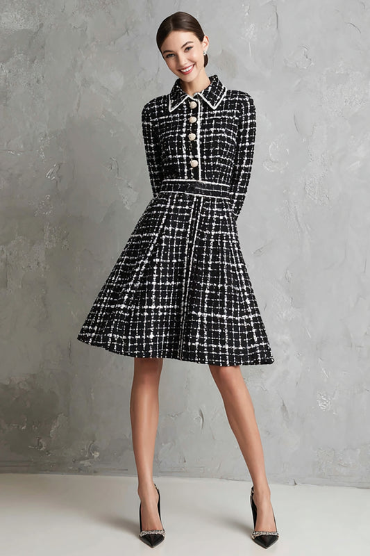 Black Collar Neck A Line Tweed Short Work Dress