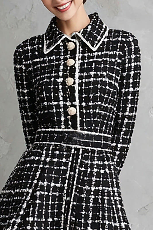 Black Collar Neck A Line Tweed Short Work Dress