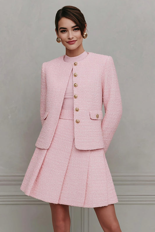 Pink Single Breasted A Line 2 Piece Tweed Short Homecoming Outfits