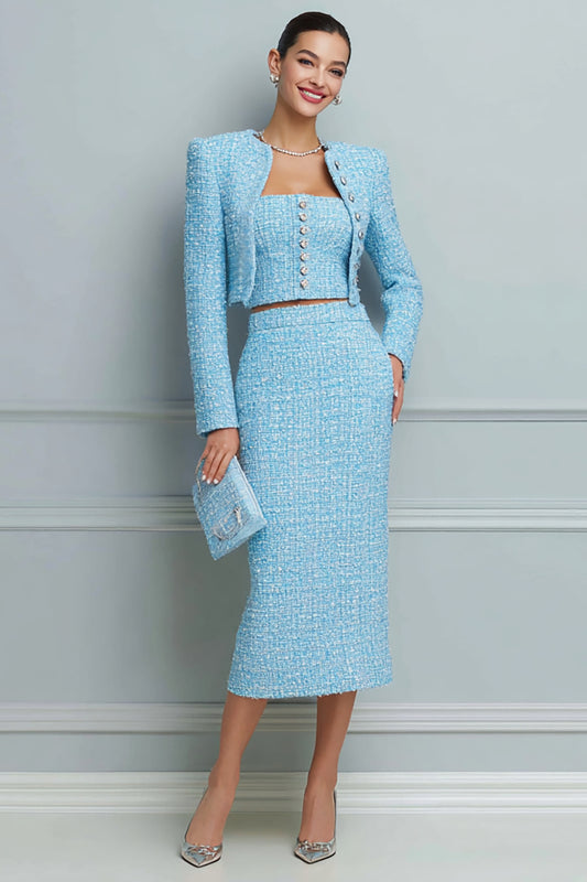 Light Blue 3 Piece Tweed Pencil Midi Pageant Interview Outfits